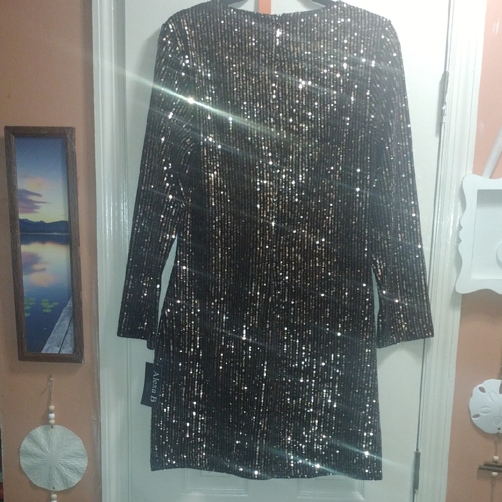 Sequined Long-Sleeve Party Dress - Black
